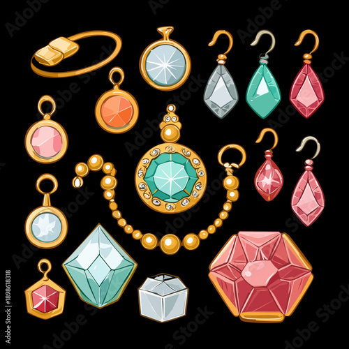 Jewelry set with gold earrings and necklaces for luxury fashion graphic asset