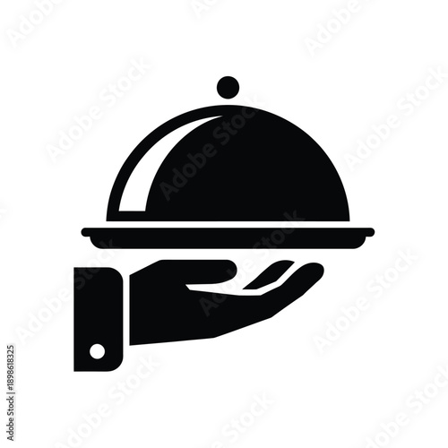 A black and white icon depicting a hand presenting a covered dish