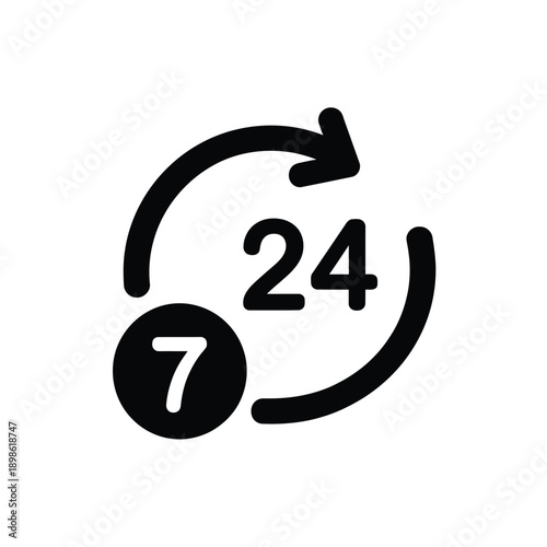 A black icon depicting a 24 7 service symbol with a circular arrow