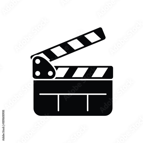 A simple black and white illustration of an open film clapperboard