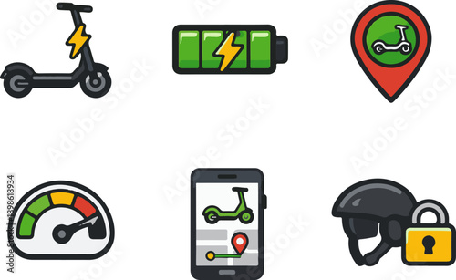 Vector icons of electric scooter transportation system.
