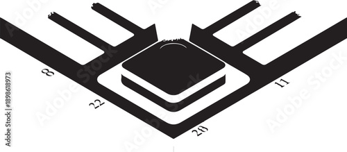 Diagram of a mechanical or electronic component with connectors and labeled pins. Vector