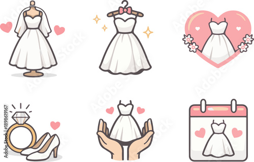 Vector icons of wedding dress set.
