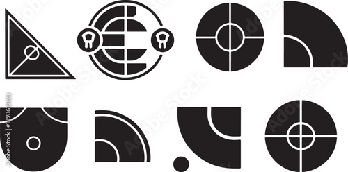 Geometric shapes and lines including circles, squares, and triangles on a transparent background