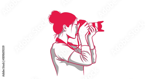 Woman taking a photo with a camera in a pink line art style