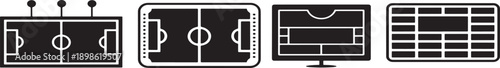 Set of 4 sports icons including soccer field with spotlights tv screen and scoreboard