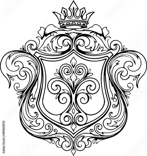 Ornate royal heraldic crest with crown and decorative scrolls for luxury brand identity