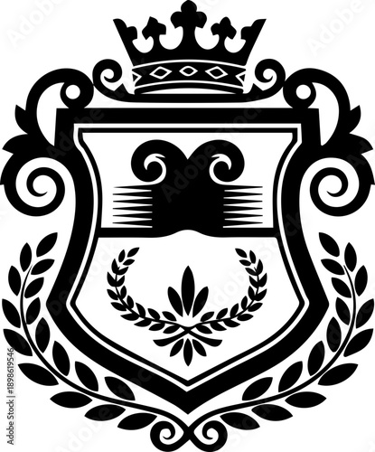 Classic heraldic shield emblem with crown and laurel wreath for prestigious branding
