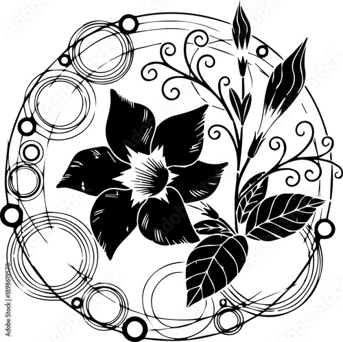 Artistic floral composition with star shaped flower and abstract circular decorative elements