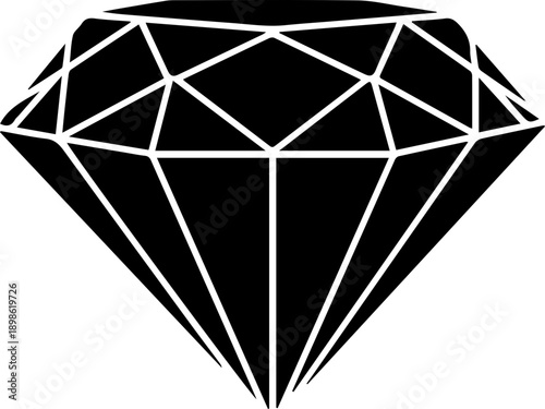 Black diamond silhouette with white facet lines, elegant gemstone icon for luxury and jewelry design
