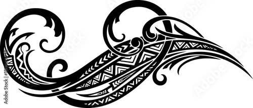 Intricate tribal scroll pattern with wave motifs, decorative black and white tattoo or border design