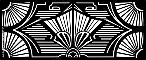 Vintage Art Deco Rectangular Border with Sunburst and Geometric Lines in Black and White