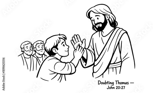 Jesus shows his wounds to Thomas, confirming his resurrection and faith