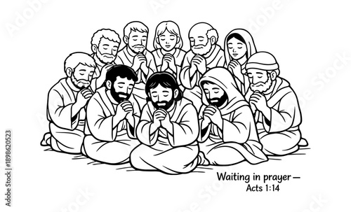 Biblical illustration of disciples gathered together in prayer, awaiting divine inspiration
