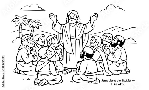 Jesus blesses his disciples with open arms in a biblical scene