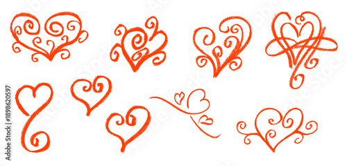 Heart Curly Ornament Style Crayon Chalk Drawing Doodle Vector Set