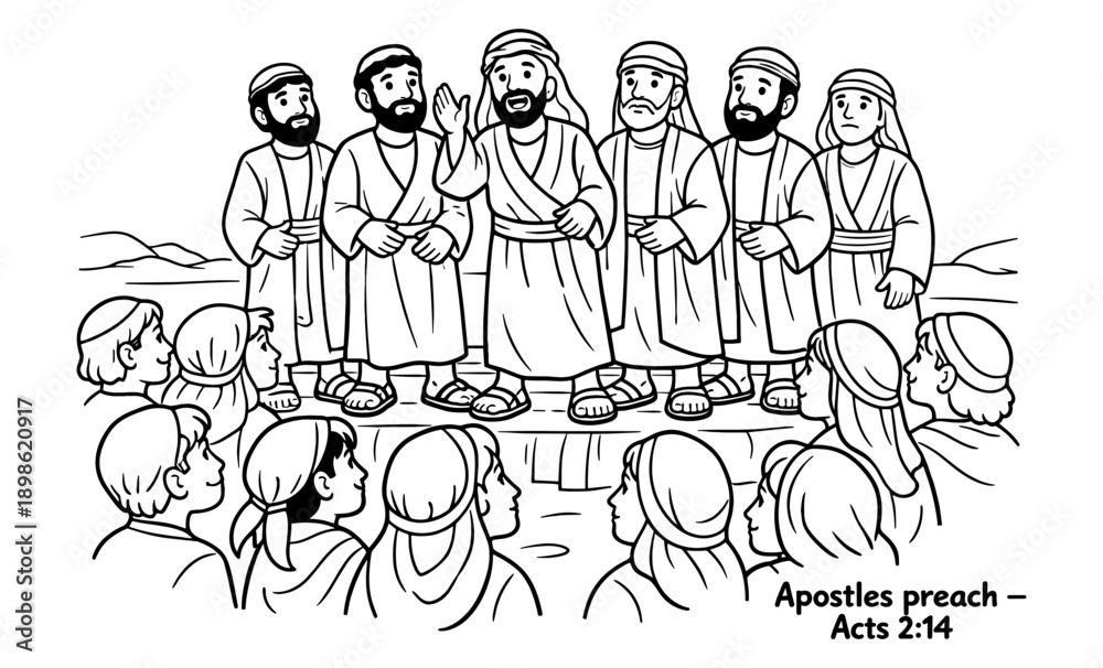 Obraz premium Biblical apostles preaching to a crowd in ancient times, line art illustration