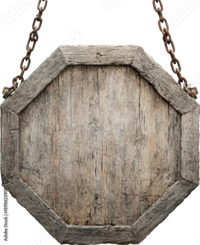 Ancient wooden sign hanging from rustic chains against a plain background isolated on transparent background