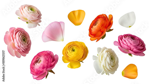 A collection of colorful ranunculus flowers and petals scattered against a transparent background. The full blooms and individual petals showcase a vibrant color palette