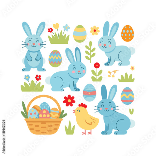 Cute Easter Bunny and Egg Illustration Set with Chick and Basket