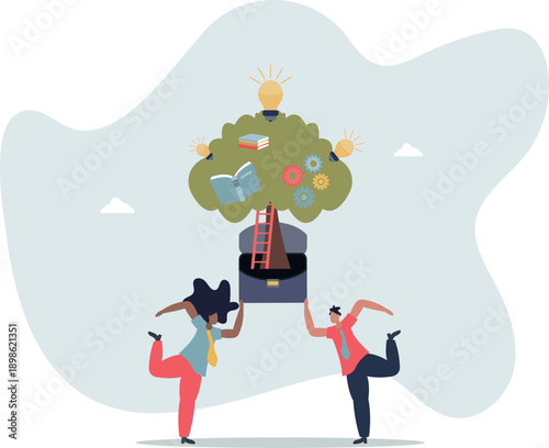 A tree of knowledge with books and light bulbs symbolizing ideas. The concept of education and the development of new skills.