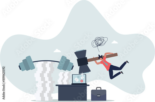 A businessman gets burned out at work due to too much paperwork.