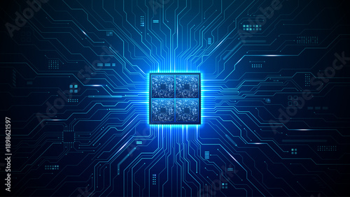 Advanced semiconductor technology with intricate chip circuitry and AI-powered microchip architecture forming complex digital patterns on futuristic tech background. Digital blue technology background
