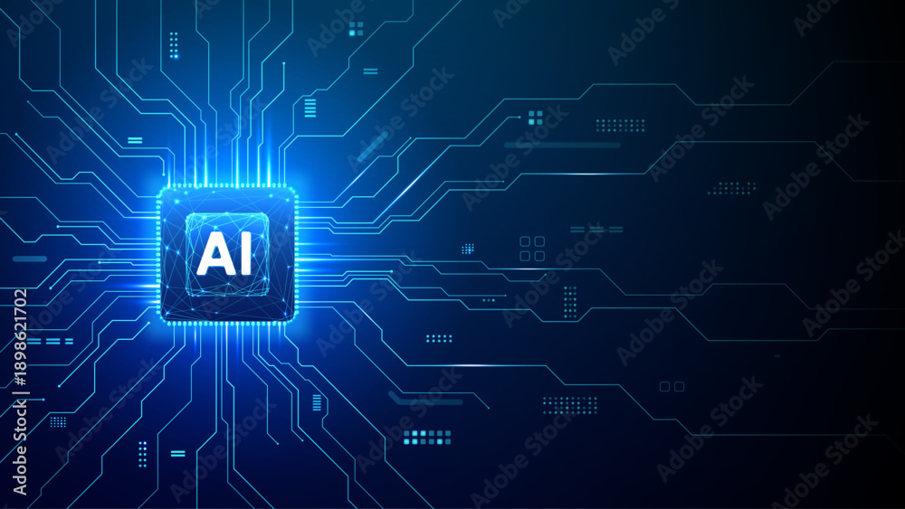 Obraz premium AI semiconductor on blue circuit board with glowing pathways and digital lines. Technology background representing innovation, data flow and artificial intelligence systems.