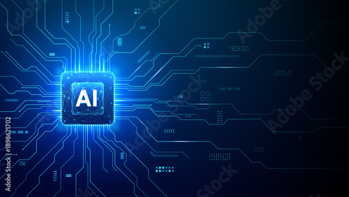 AI semiconductor on blue circuit board with glowing pathways and digital lines. Technology background representing innovation, data flow and artificial intelligence systems.