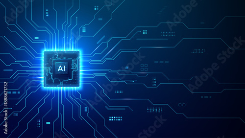 Abstract processor with light blue neon connections on tech background. AI semiconductor concept with digital circuit lines and innovation theme for presentations.