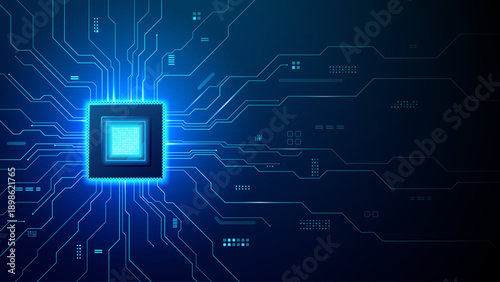 AI chip with glowing wires on circuit board. Futuristic semiconductor with light blue neon lines and digital pathways representing advanced IT systems.