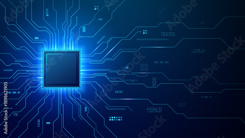 Abstract technology background with glowing AI chip and circuit lines. Digital semiconductor with artificial intelligence symbol and modern IT concept.