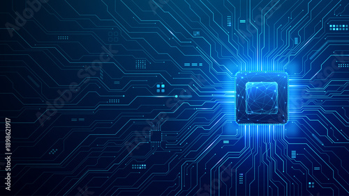 AI-powered chip architecture showcasing semiconductor technology with luminous circuit connections. Futuristic microchip layout features flowing pathways from processor core on clean background. 