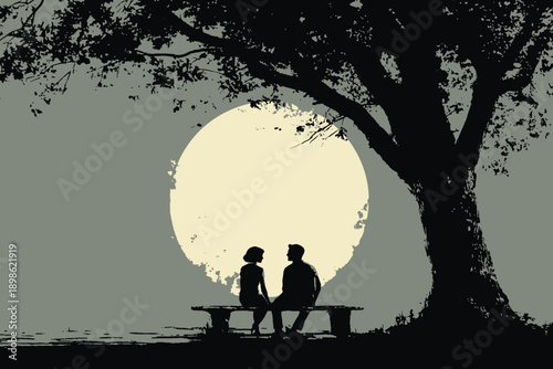 A silhouette illustration of a couple sitting on a bench under a large tree, gazing at the moon. This vector illustration, perfect for Valentine's Day, can be used in any size for advertising, logos, 