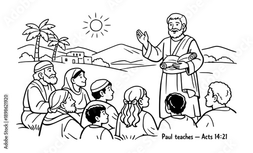Biblical illustration of Paul teaching a diverse group of people outdoors under the sun