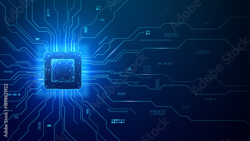 Bright semiconductor with AI icon and glowing blue wires. Circuit board illustration with digital pathways and modern technology concept.