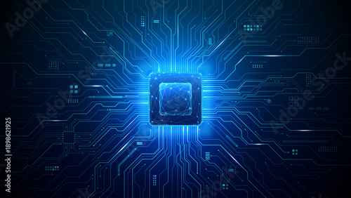 Advanced semiconductor chip with radiating circuit pathways creating detailed microchip network, digital technology concept with blue light accents on clean background. Digital technology background.