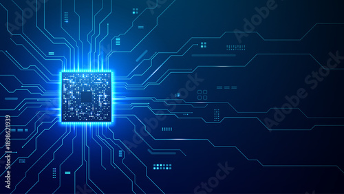 Blue motherboard with luminous AI processor and thin circuit lines. Digital technology illustration with innovation and data processing concept.