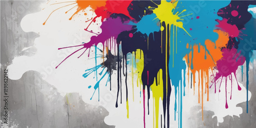 Vibrant abstract watercolor background with colorful paint splashes and grunge ink sprays forming a nature forest and urban city silhouette pattern in a vector illustration art design