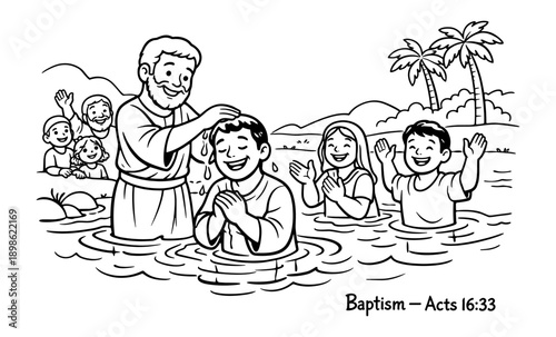 Joyful baptism ceremony with children and adults in water, celebrating new beginnings