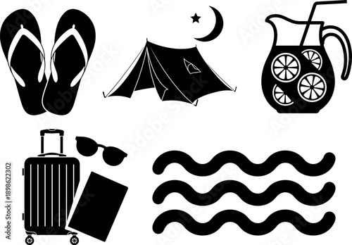 Summer Vacation and Travel Essentials Icon Set: Black and White Silhouette Vector Collection featuring Flip Flops, Camping Tent, Luggage, and Tropical Drink for Holiday Designs and Web Graphics
