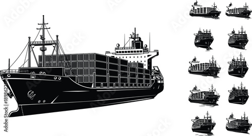 Black Silhouette Set of Cargo Ships and Container Vessels, Maritime Logistics Icons, Freight Transport Symbols, Ocean Shipping Vector Illustration, Industry