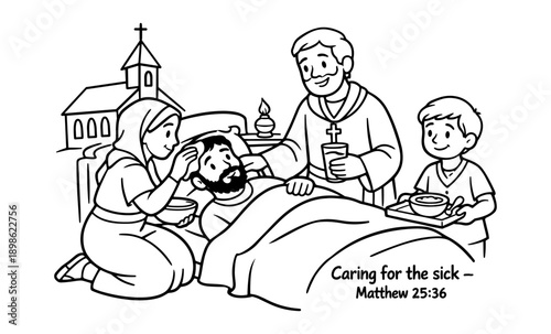 Illustration of a family caring for a sick person with a priest present