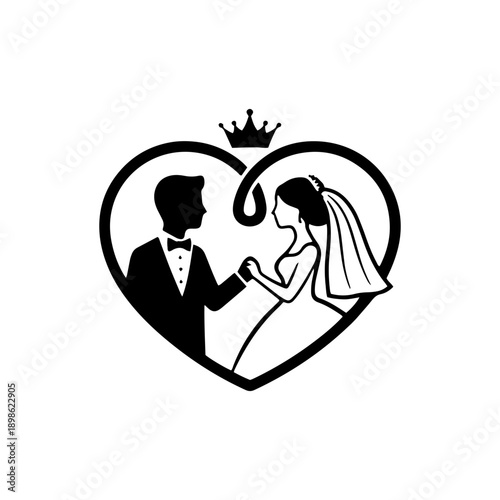 Elegant black and white vector silhouette of a bride and groom inside a heart topped with a crown. Perfect for wedding logos, invitation designs, and romantic branding.