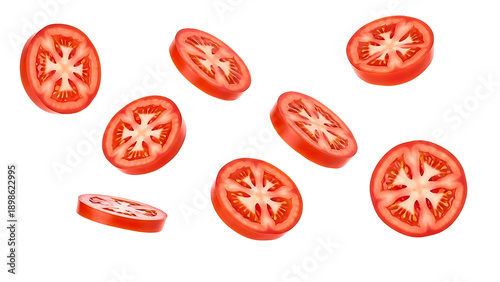 Eight vibrant red tomato slices are scattered across a transparent background.