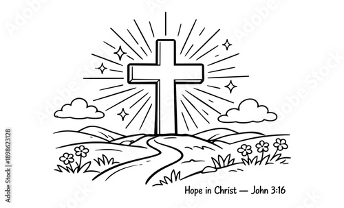 Christian cross with radiating light and stars over a scenic landscape