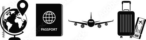 Black Silhouette Set of Travel Icons Including Globe with Pin, Passport, Airplane, Suitcase and Boarding Pass, Tourism and Vacation Adventure Symbols