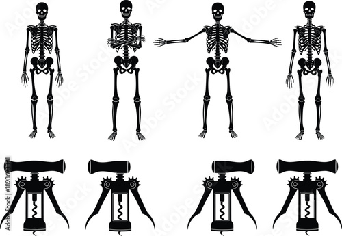 Set of human skeleton silhouettes in various poses paired with wine wing corkscrews, representing body movement, mechanical analogy, and anatomy.