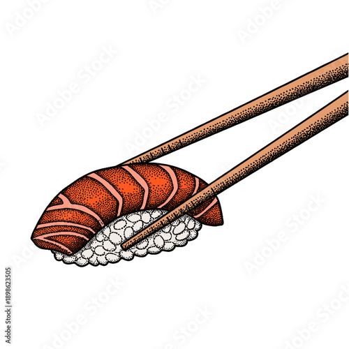 chopsticks with salmon nigiri sushi in retro halftone style