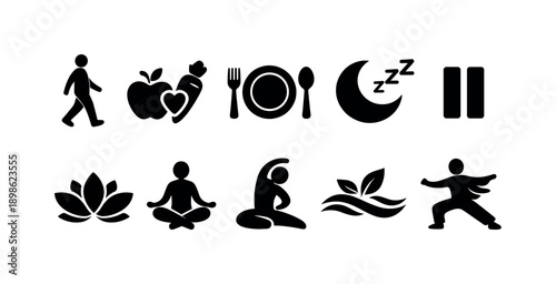 Health and wellness silhouette icon set. Yoga, exercise, nutrition and relaxation symbols.